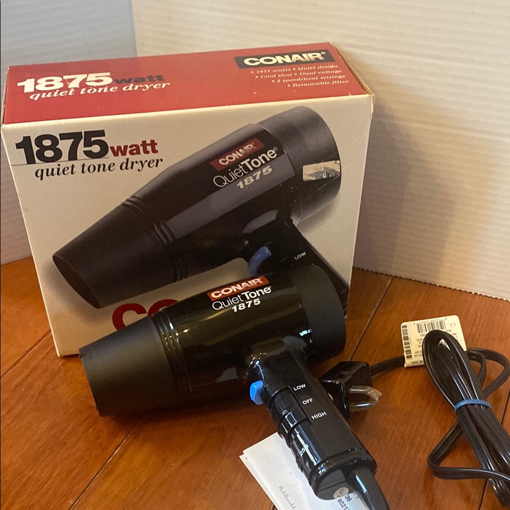 Conair Black QuietTone 1875 Watt Hair Dryer open box low/high settings new